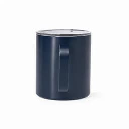 A drink bottle in navy blue with a handle and a removable lid, featuring a branding logo.