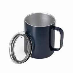 A drink bottle in navy blue with a stainless steel insulated interior and a clear lid. It features a handle and a logo.