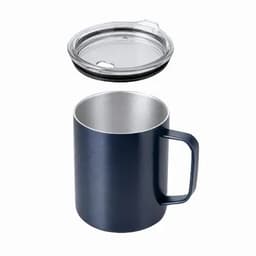 A drink bottle featuring a navy blue insulated mug with a silver interior and a clear lid, including a handle.