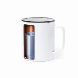 An insulated mug in white with a copper interior and a silver insert, featuring a handle and a lid.