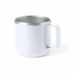 A drink bottle featuring a white exterior with a silver rim and a sturdy handle.