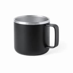 A drink bottle in black with a silver rim and handle, featuring a sleek, modern design.