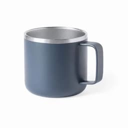 A drink bottle in dark blue with a silver rim and a sturdy handle. It features a simple, modern design.