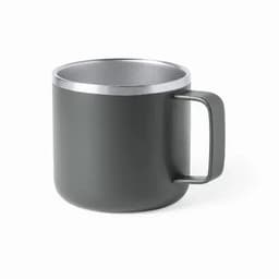 A drink bottle in dark grey with a silver rim and a sturdy handle. It features a simple, modern design.