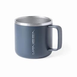 A drink bottle in matte navy blue with a silver rim and a sturdy handle, featuring a logo.