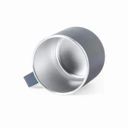A grey drink bottle with a silver interior and a handle, featuring a logo on the side.