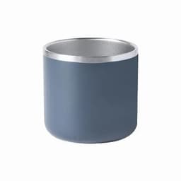 A travel mug in dark blue with a silver metallic rim and a smooth matte finish. It features a logo.