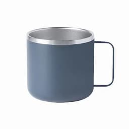 A drink bottle with a sleek dark blue exterior and a silver rim, featuring a sturdy handle and a smooth finish.