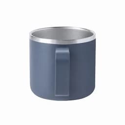 A travel mug in a dark blue colour with a silver rim and a sturdy handle. It features a logo.