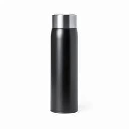 A drink bottle in sleek black with a silver lid and a minimalist design, featuring a logo.