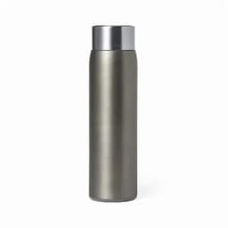 A drink bottle in a sleek grey finish with a metallic silver lid, featuring a minimalist design and a logo.