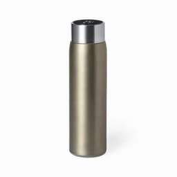 A drink bottle in a sleek, matte olive green finish with a stainless steel top and a logo on the lid.