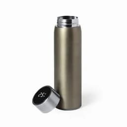 A drink bottle in a sleek metallic olive colour with a silver lid displaying a temperature readout.