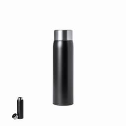 A drink bottle in matte black with a metallic silver cap, featuring a sleek, modern design and a logo.