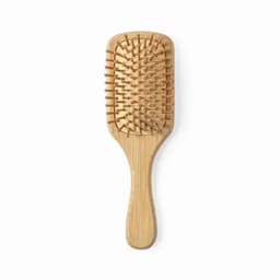 A wooden hairbrush with a rectangular head and rounded pins, featuring a smooth handle, made from bamboo.