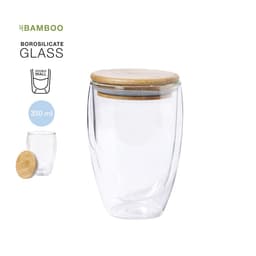 A drink bottle made of clear borosilicate glass with a bamboo lid, featuring a double wall design.