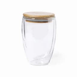 A clear glass container with a wooden lid, featuring a modern, curved design.