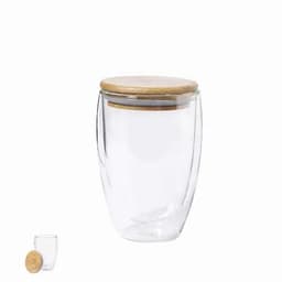 A clear glass jar with a wooden lid, featuring a smooth design and a smaller glass cup beside it.