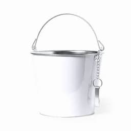 A white metal bucket with a silver handle and chain attachment. It has a smooth, shiny surface.