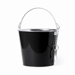 A black metal bucket with a silver handle and chain. The bucket has a shiny finish and a simple design.