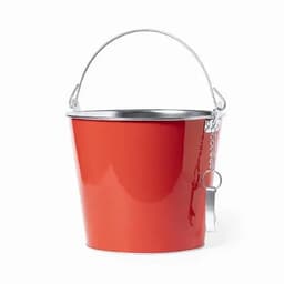 A red metal bucket with a silver handle and a chain attachment. It has a shiny finish.