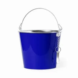 A metal bucket with a shiny silver rim and a blue exterior, featuring a sturdy handle and a chain.