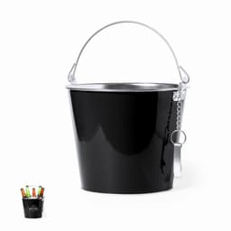 A beverage bucket in glossy black with a silver handle and chain, featuring a glossy inner lining.