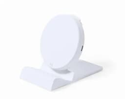 A white wireless charging stand with a circular charging pad and a base for stability. It features a simple, sleek design.