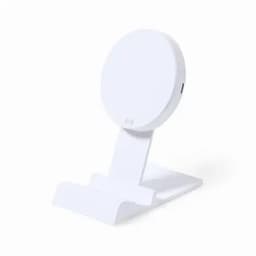 A wireless charging dock in white, featuring a circular charging pad on a stable, angled base.