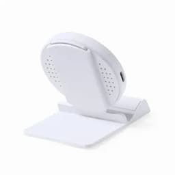 A phone holder and charger in white, featuring a circular back with ventilation holes and a flat base.