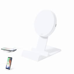 A white wireless charger stand with a circular charging pad for smartphones, featuring a minimalist design and a logo.