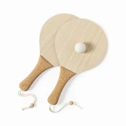 A set of two wooden paddle rackets with cork handles and a small white ball, featuring a natural finish.