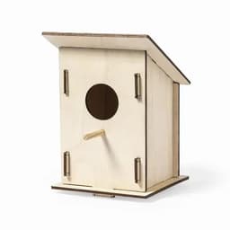 A birdhouse made of natural wood with a circular entrance hole and a sloped roof, featuring metal hinges.