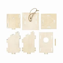 A set of wooden craft pieces, including various shapes and a string, all in natural wood colour.