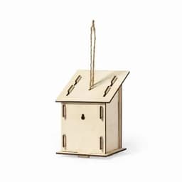 A wooden birdhouse with a slanted roof, featuring a hanging loop, in a natural finish. It has a keyhole entry.