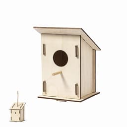 A wooden birdhouse in natural colour with a round entrance and removable base, featuring hanging hardware.
