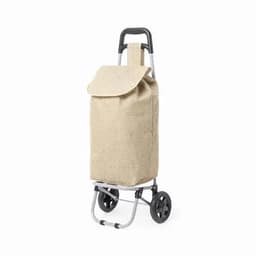 A foldable trolley with a beige fabric bag, featuring a flap cover and a sturdy metal frame with wheels.