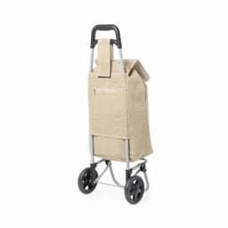 A wheeled shopping trolley with a beige fabric exterior and a zippered pocket on the back.