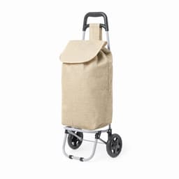 A shopping trolley with a beige fabric bag and a silver metal frame, featuring two black wheels.