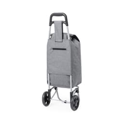 A grey shopping trolley with a handle and two wheels, featuring a zippered pocket on the back.