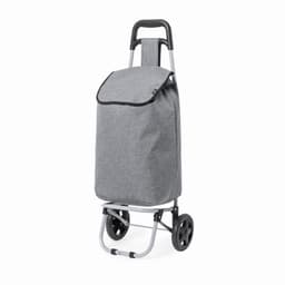 A shopping trolley bag in grey fabric with a fold-over flap and a metal frame with wheels.