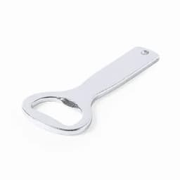 A bottle opener with a silver metallic finish, featuring a rounded opening and a flat handle.