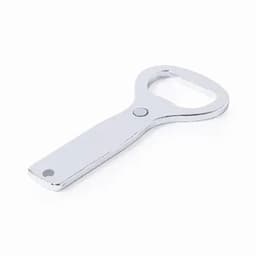 A bottle opener with a sleek chrome finish and a sturdy handle. It features a circular opening for bottle caps.