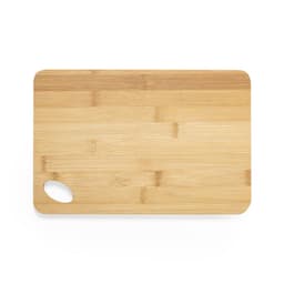 A bamboo cutting board featuring a curved handle on one side, showcasing a natural wood finish.
