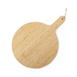A round bamboo serving board with a handle, featuring a natural wood finish. The board has a rustic appearance.