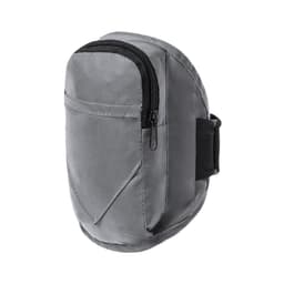 A grey pouch with a zippered compartment and an adjustable strap, featuring a simple design and a logo.