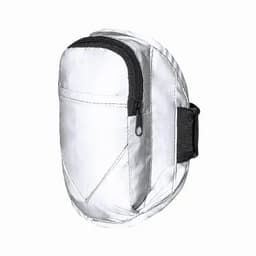 A white promotional product with a zippered pocket and adjustable strap. It features a logo on the front.