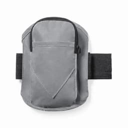 A grey promotional product with a zippered pocket and elastic strap, designed for carrying small items.