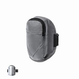 A grey pouch with a zipper and a strap, featuring a compact design and a small logo.