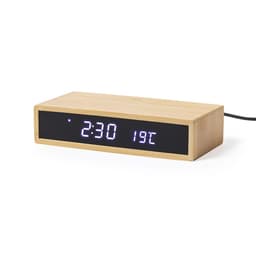 A wooden alarm clock with a digital display showing the time and temperature. It has an elegant, minimalist design.